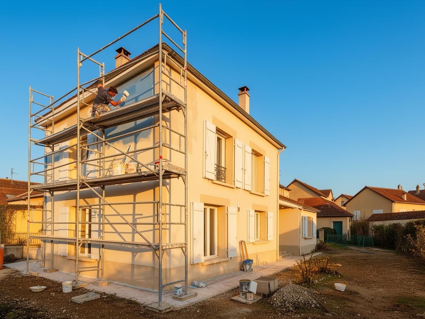 Maison carrée sous échafaudage pendant son ravalement