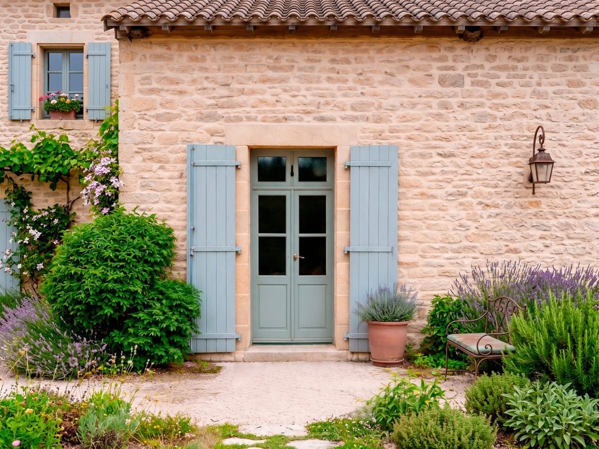Maison en pierre blonde aux volets bleus