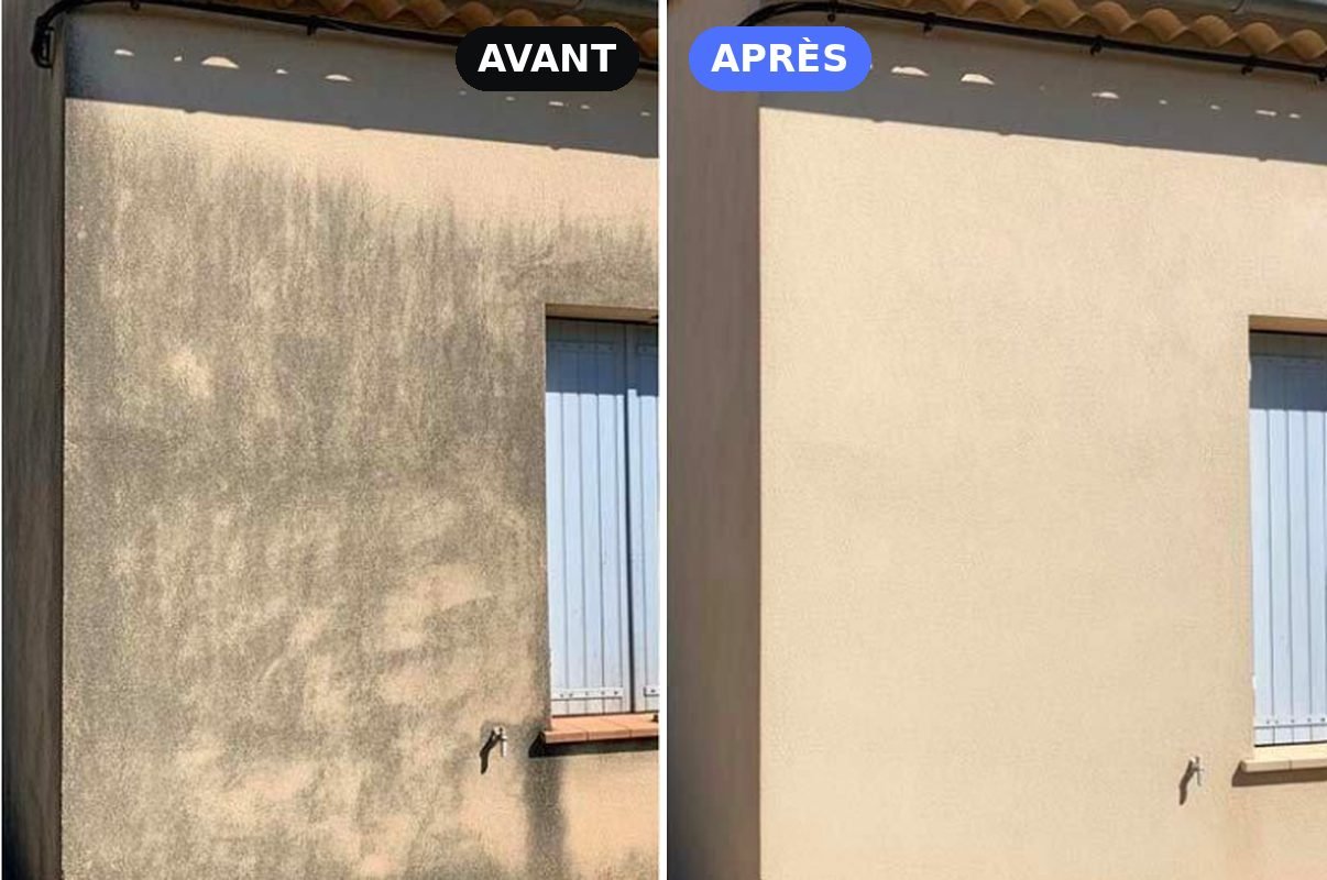 Avant et après la reprise de l'enduit d'un angle de maison