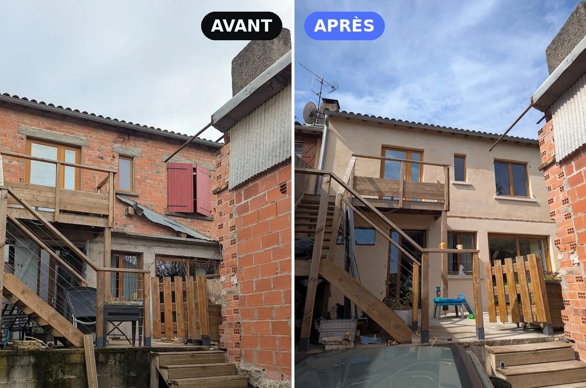 Avant et après l'enduit d'une façade arrière en brique