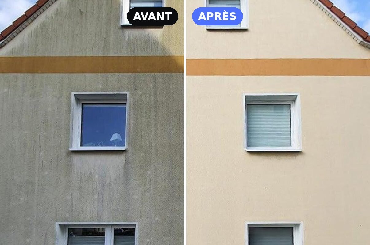 Avant et après le ravalement d'une façade à bandeau