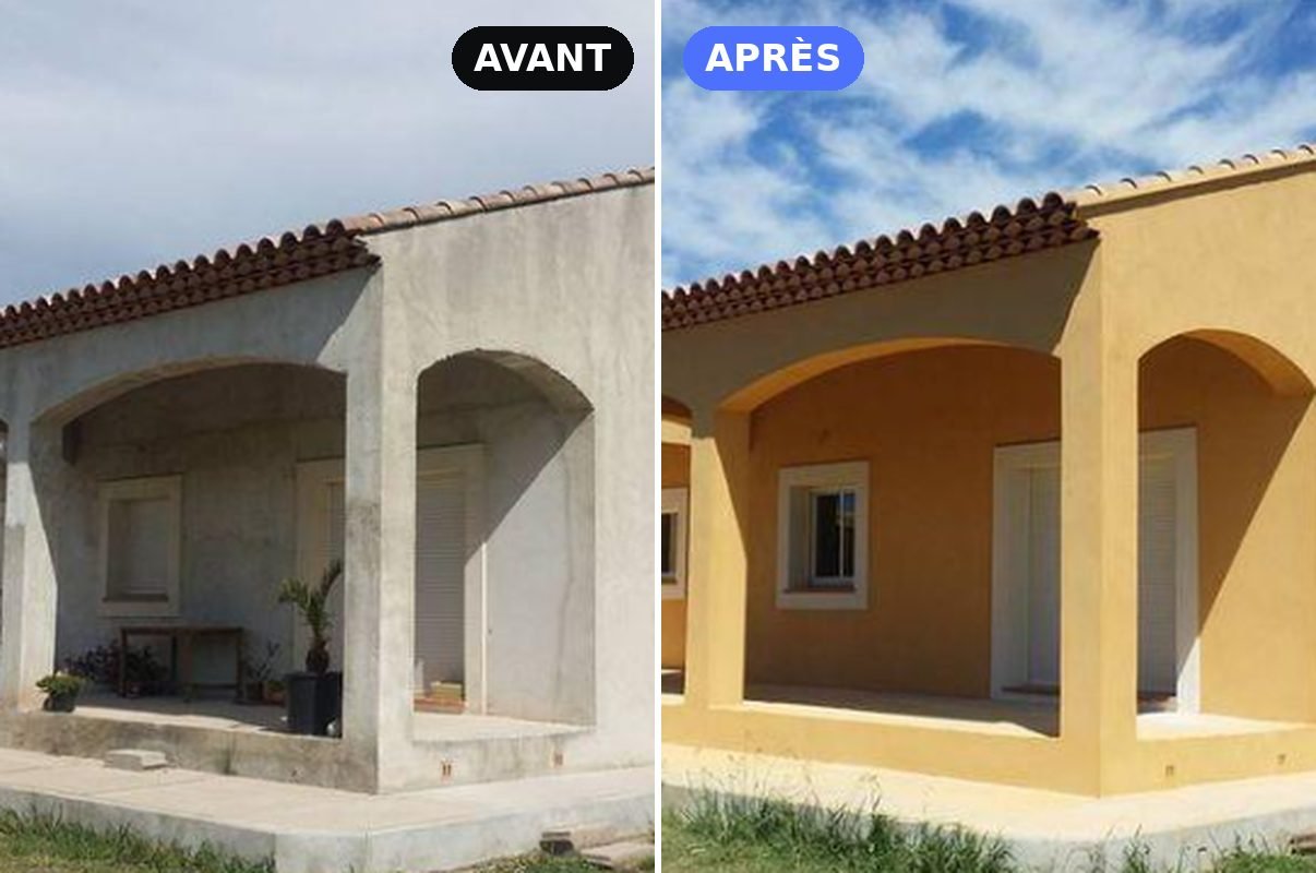 Avant et après la remise en couleur d'une maison à arcades