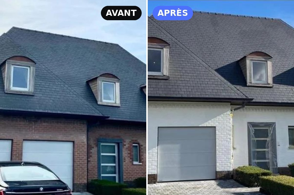 Avant et après la rénovation d'une maison en brique repeinte en blanc