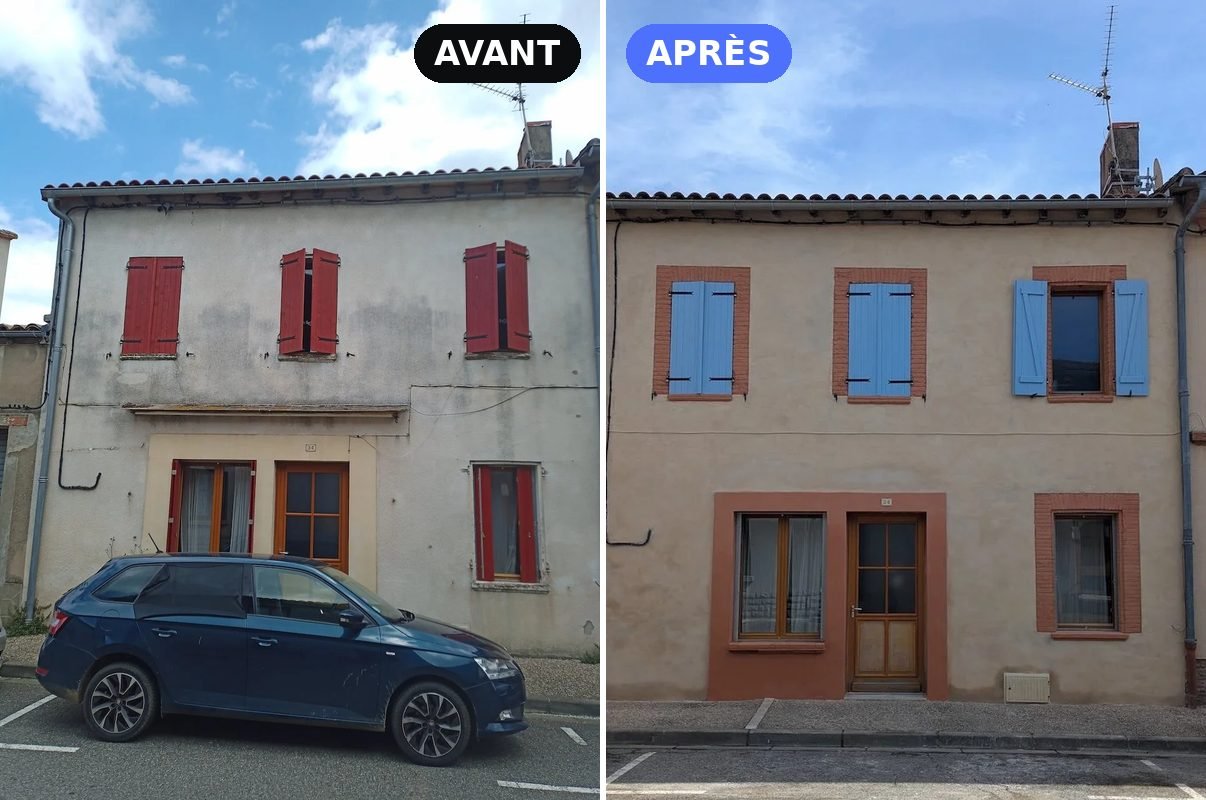 Avant et après la rénovation d'une façade de maison de ville