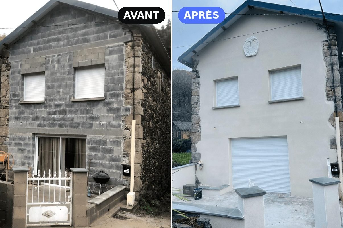 Avant et après l'enduit d'une maison en parpaing