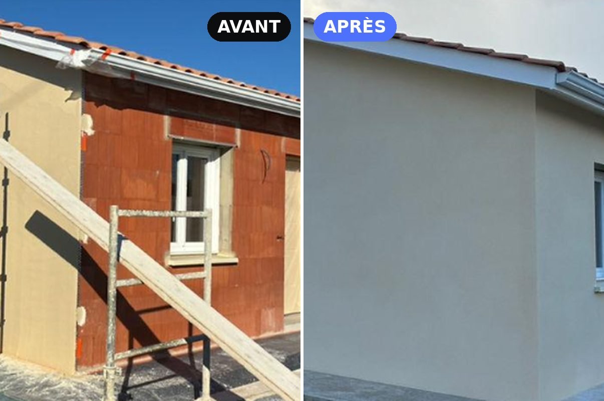 Avant et après l'enduit d'une maison de plain-pied