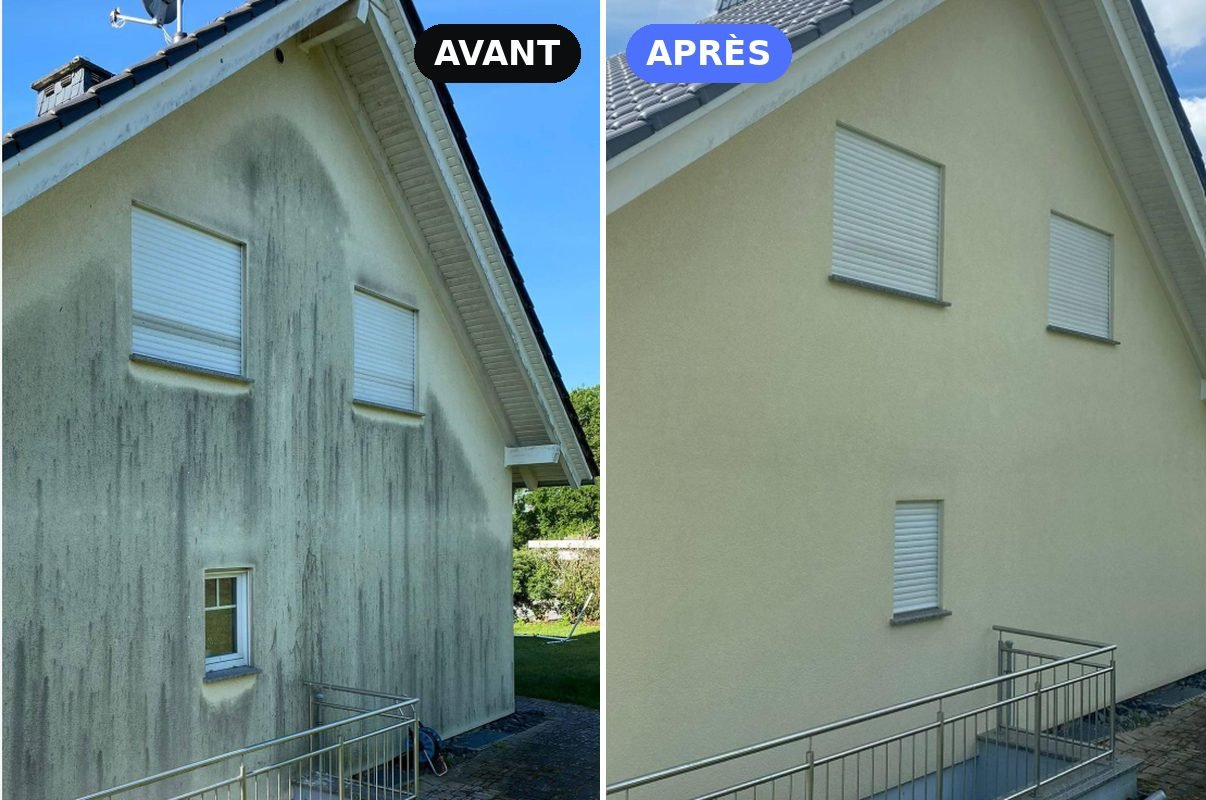 Avant et après le nettoyage d'un pignon couvert de coulures