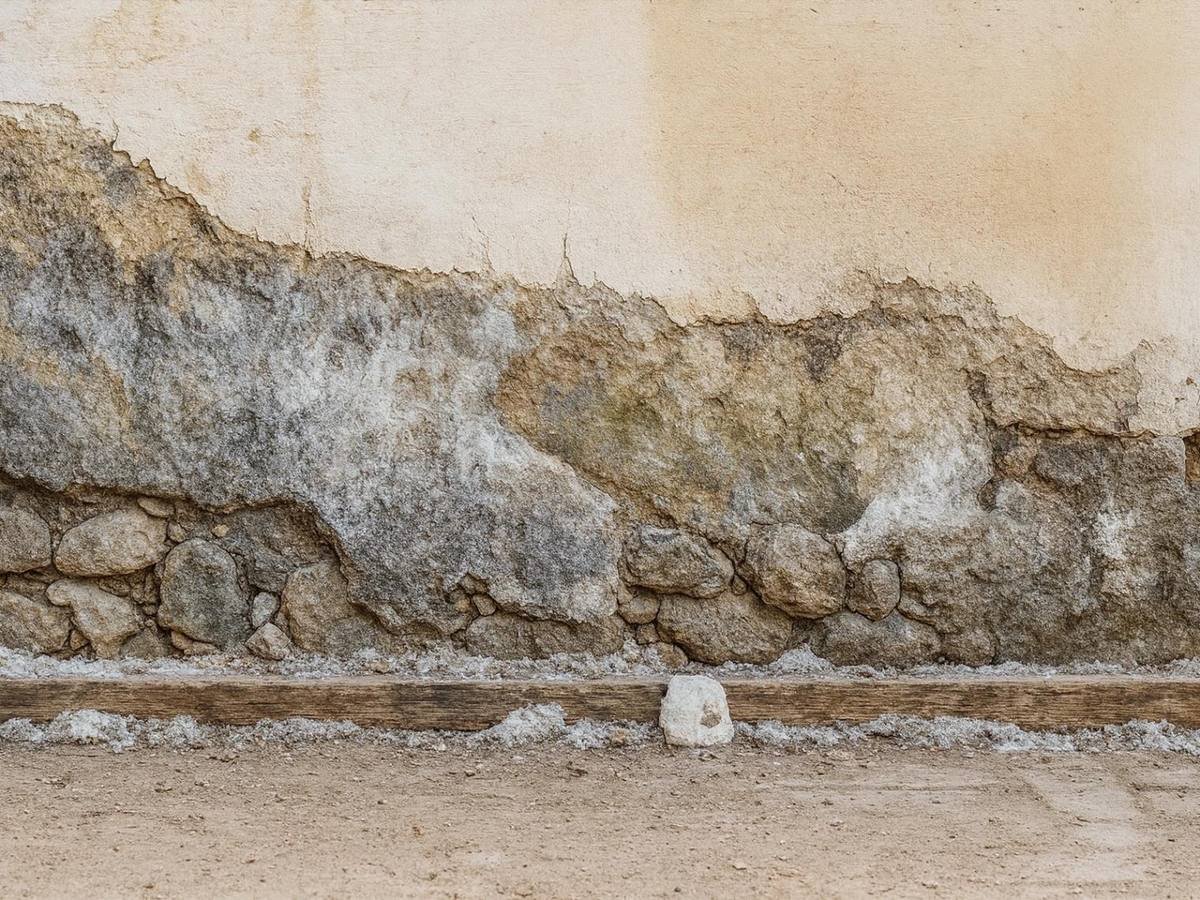 Enduit dégradé par l'humidité en bas d'un mur en pierre