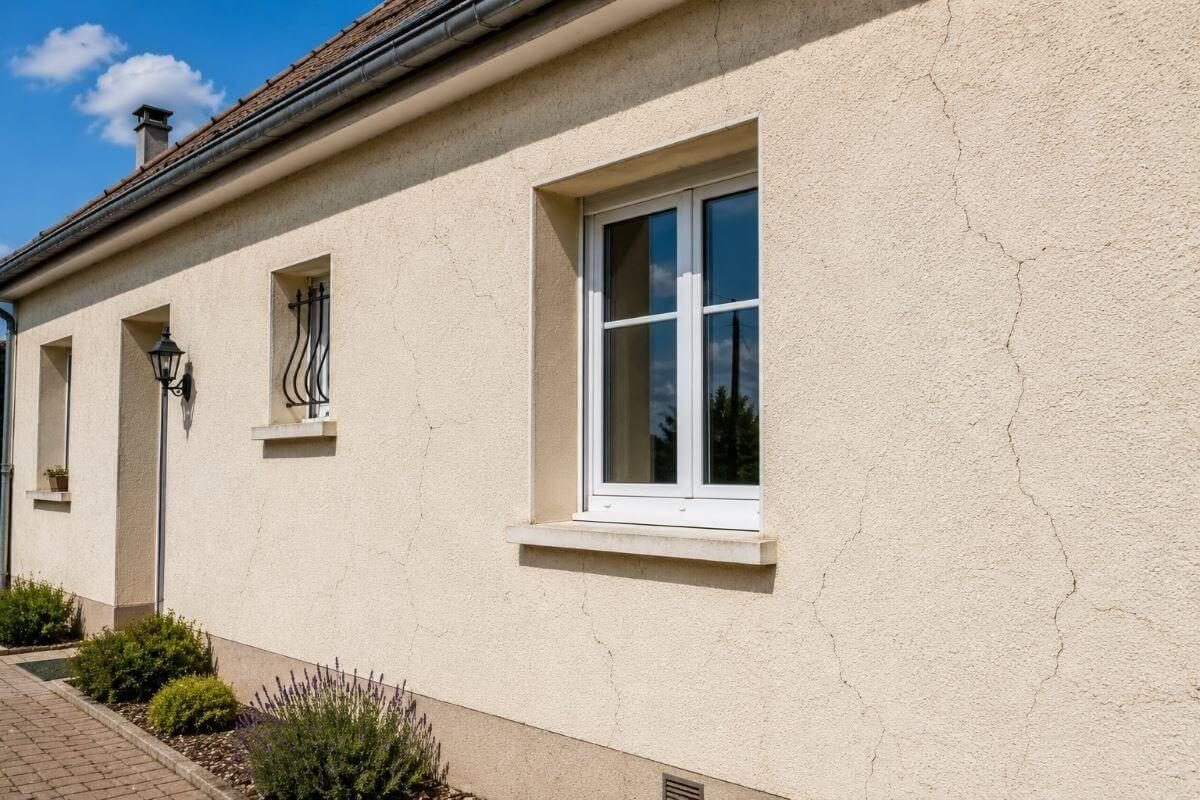 Microfissures en toile d'araignée dans un enduit de façade