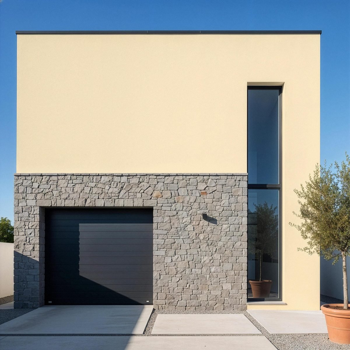 Parement en pierre grise sur une maison cubique