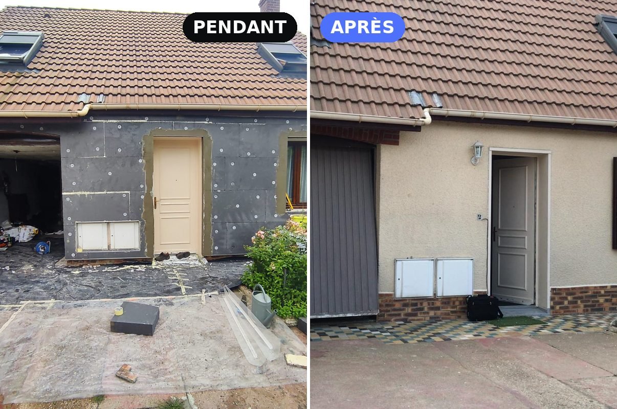 Pendant et après l'isolation d'une maison avec garage